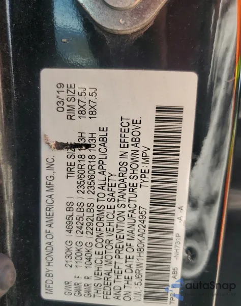 2019 Honda Cr-V Exl from USA, damaged, VIN 5J6RW1H80KA024957